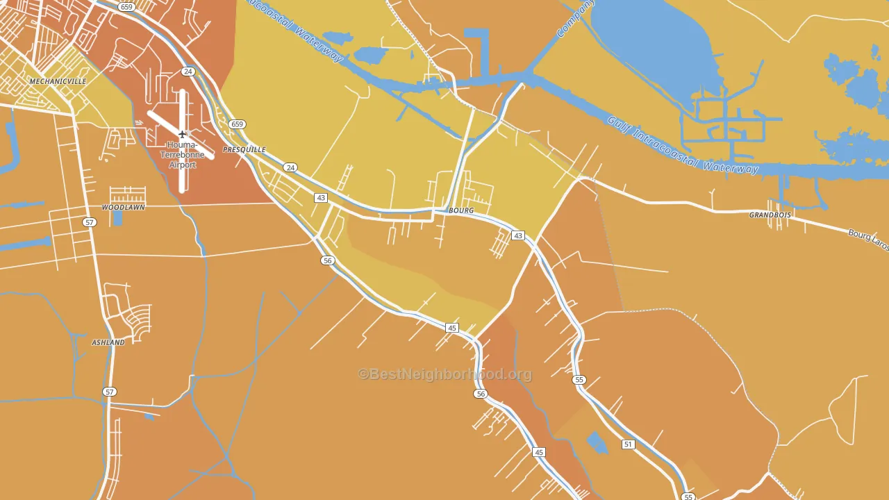 Map of the best neighborhoods in the Bourg area, with better matches in green and worse matches in red