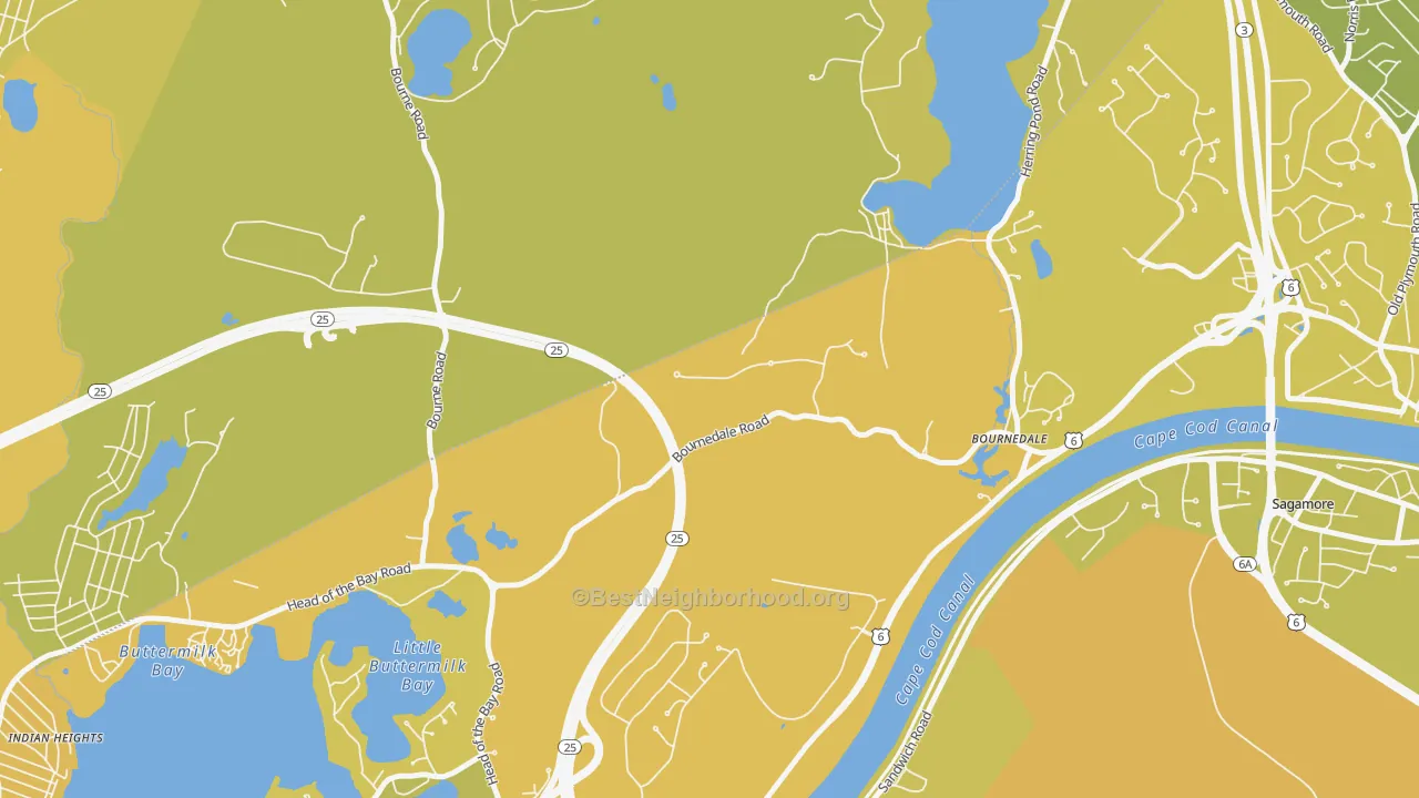 Map of the best neighborhoods in the Bournedale area, with better matches in green and worse matches in red