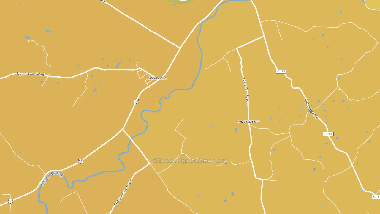 Map of the best neighborhoods in the Bourneville area, with better matches in green and worse matches in red