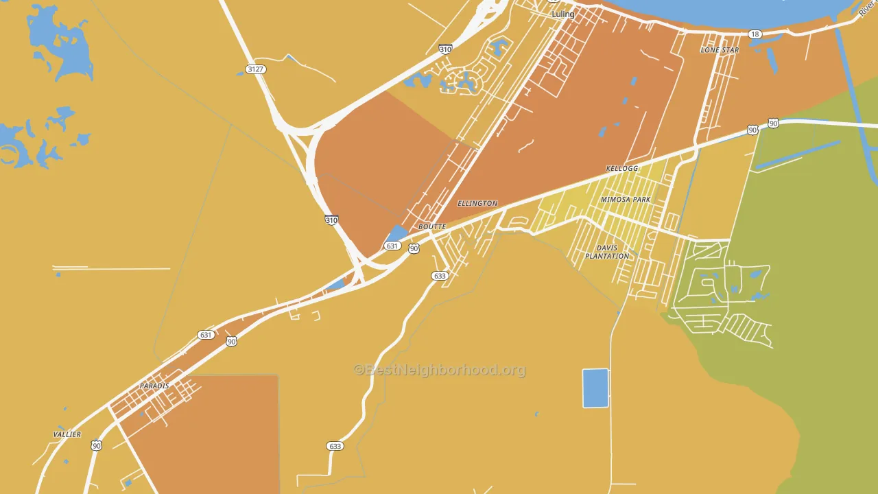 Map of the best neighborhoods in the Boutte area, with better matches in green and worse matches in red