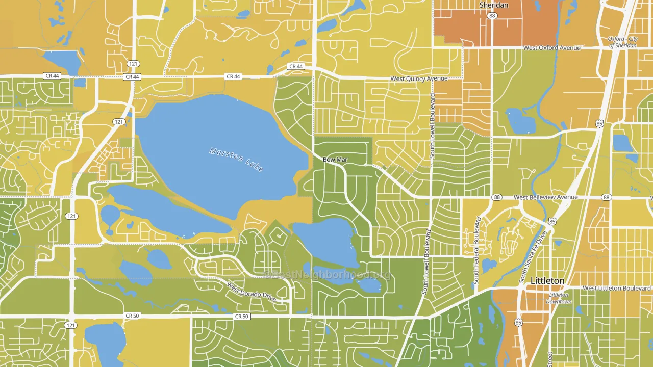 Map of the best neighborhoods in the Bow Mar area, with better matches in green and worse matches in red
