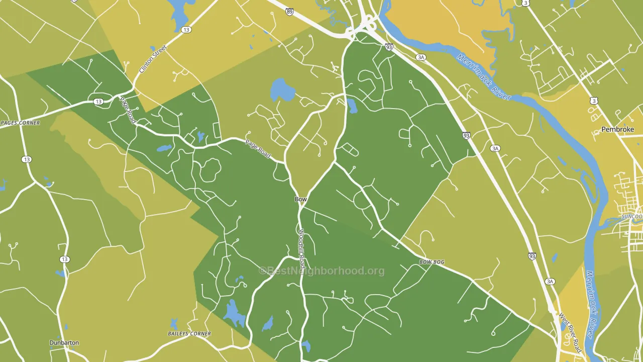 Map of the best neighborhoods in the Bow area, with better matches in green and worse matches in red