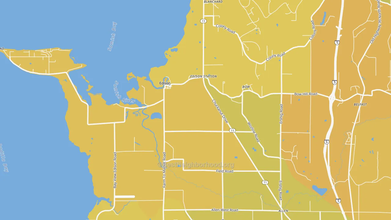 Map of the best neighborhoods in the Bow area, with better matches in green and worse matches in red