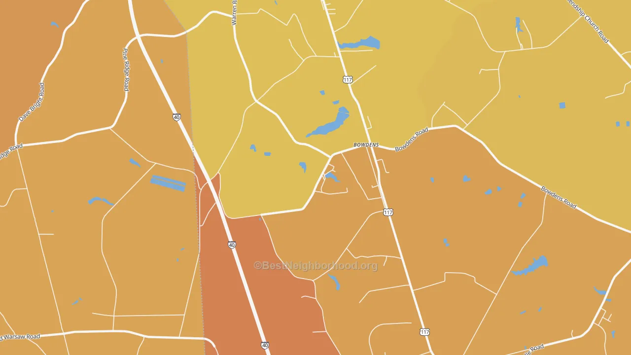 Map of the best neighborhoods in the Bowdens area, with better matches in green and worse matches in red