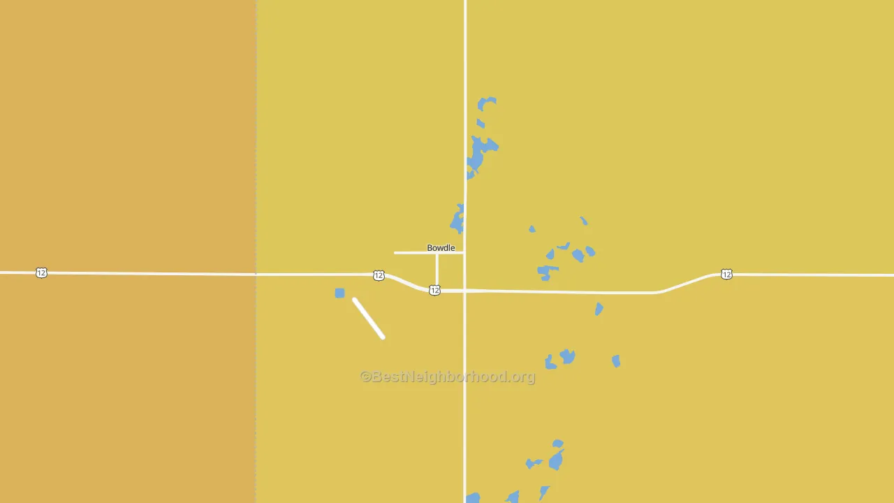 Map of the best neighborhoods in the Bowdle area, with better matches in green and worse matches in red