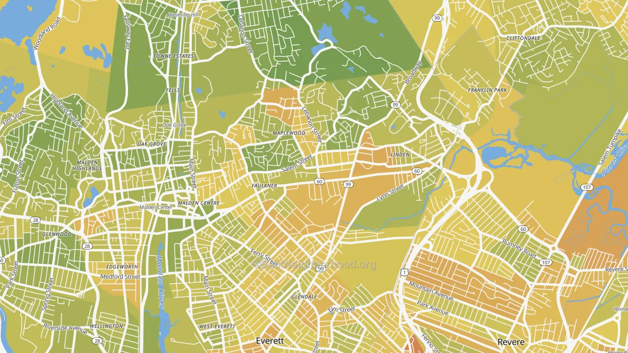 Map of the best neighborhoods in the Bowdoin Apartments, Malden area, with better matches in green and worse matches in red