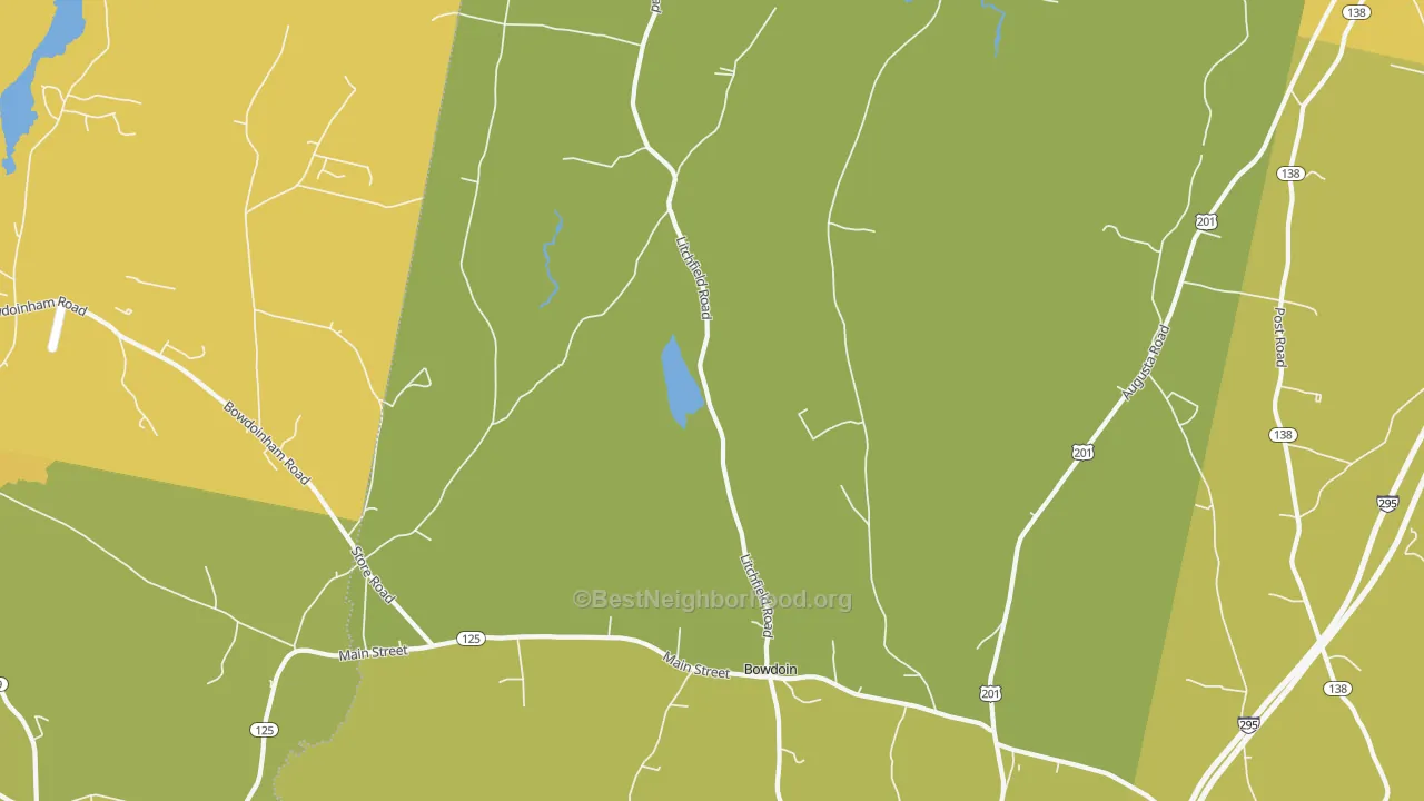 Map of the best neighborhoods in the Bowdoin area, with better matches in green and worse matches in red