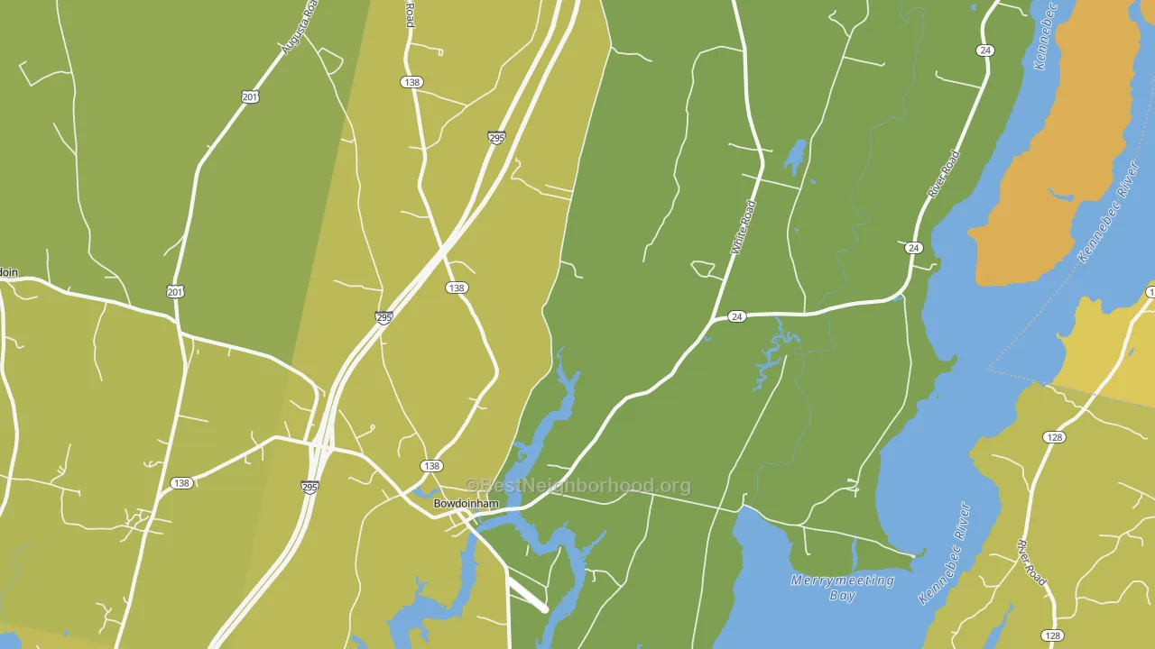 Map of the best neighborhoods in the Bowdoinham area, with better matches in green and worse matches in red
