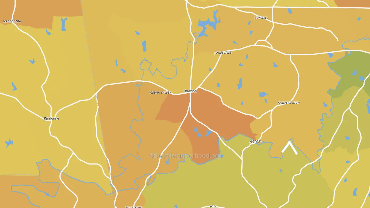 Map of the best neighborhoods in the Bowdon area, with better matches in green and worse matches in red