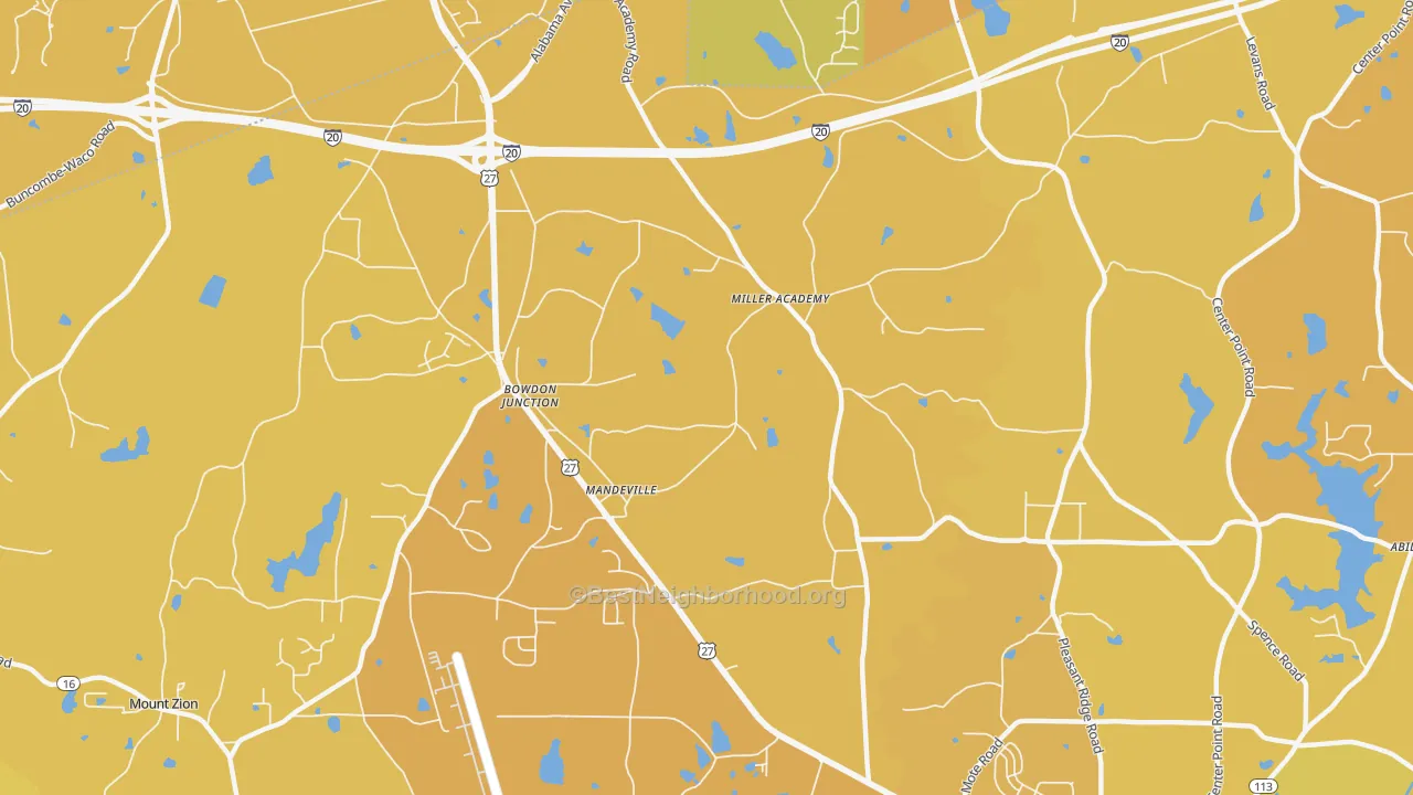 Map of the best neighborhoods in the Bowdon Junction area, with better matches in green and worse matches in red