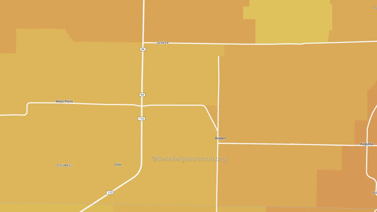 Map of the best neighborhoods in the Bowen area, with better matches in green and worse matches in red