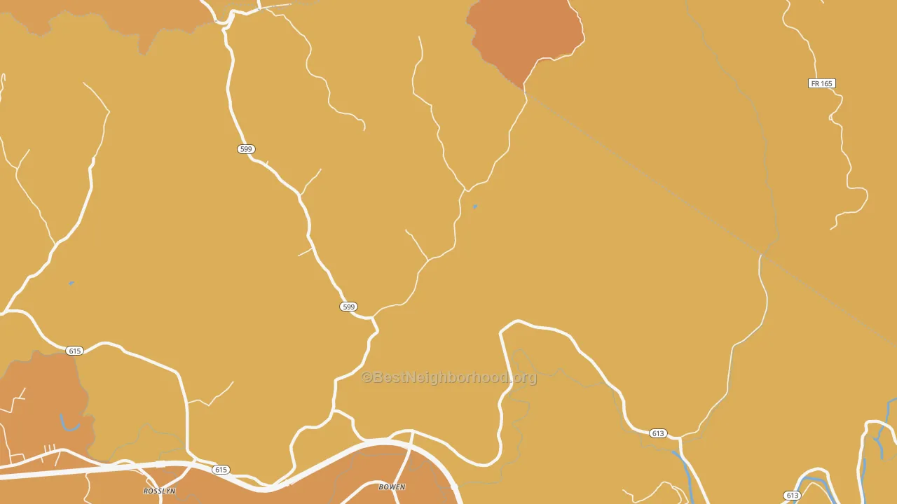 Map of the best neighborhoods in the Bowen area, with better matches in green and worse matches in red