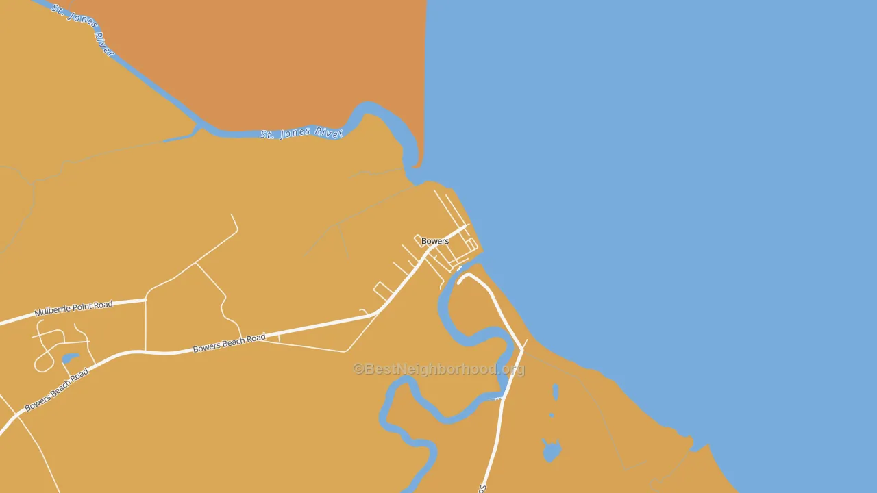 Map of the best neighborhoods in the Bowers area, with better matches in green and worse matches in red