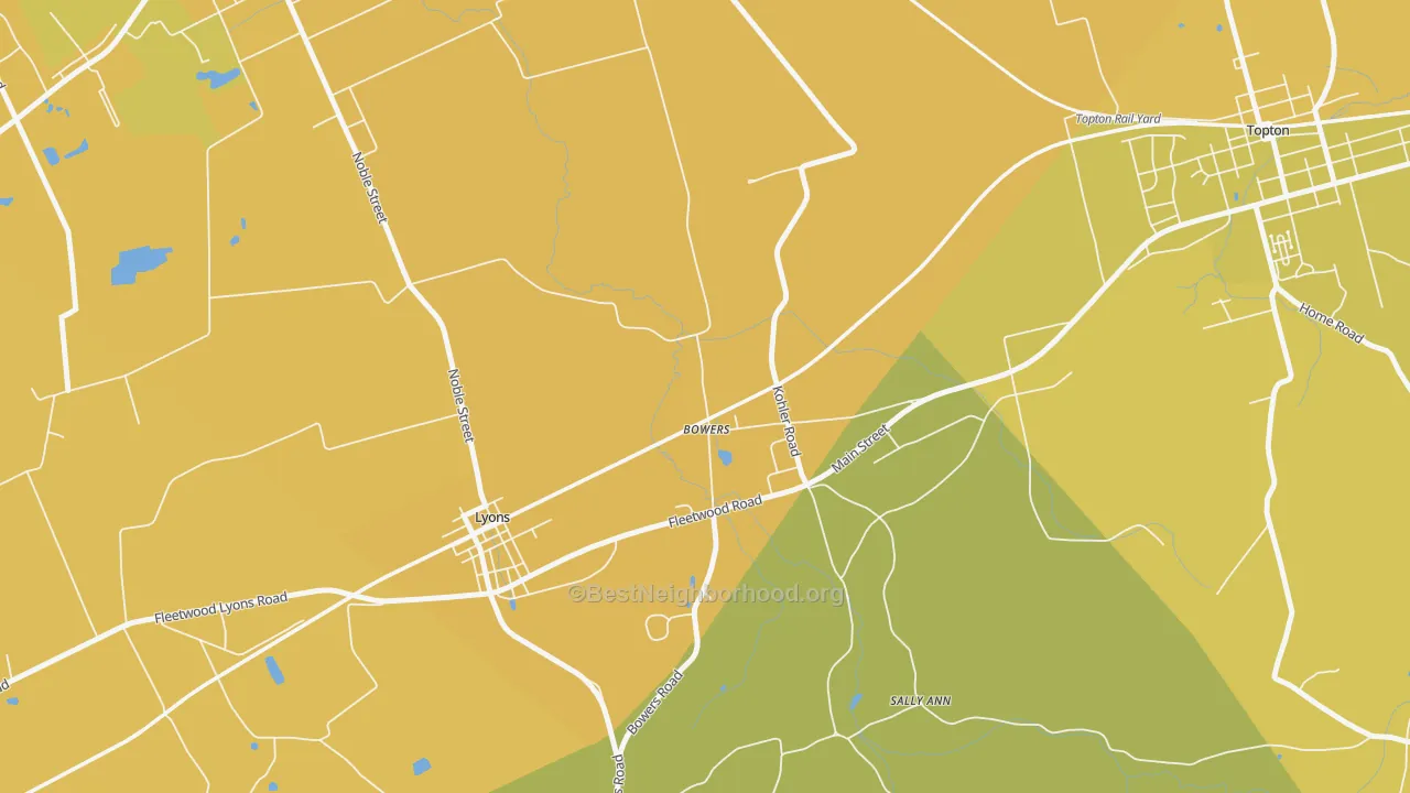 Map of the best neighborhoods in the Bowers area, with better matches in green and worse matches in red