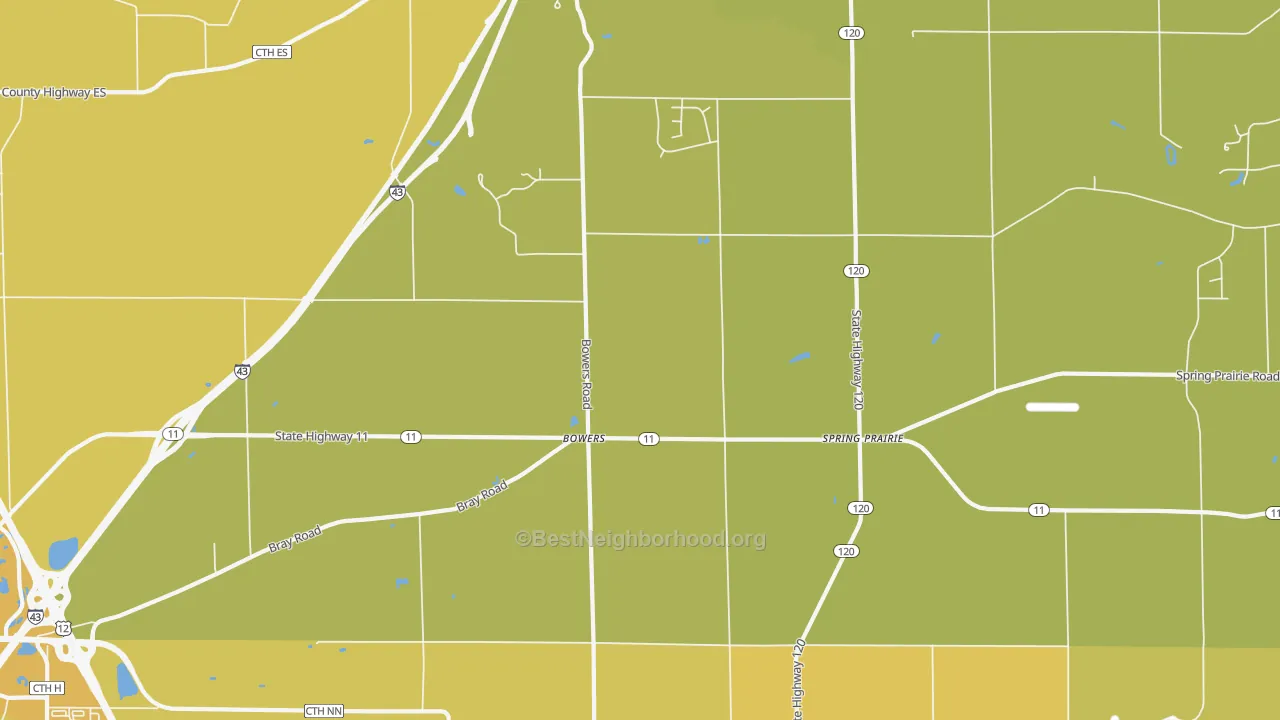 Map of the best neighborhoods in the Bowers area, with better matches in green and worse matches in red