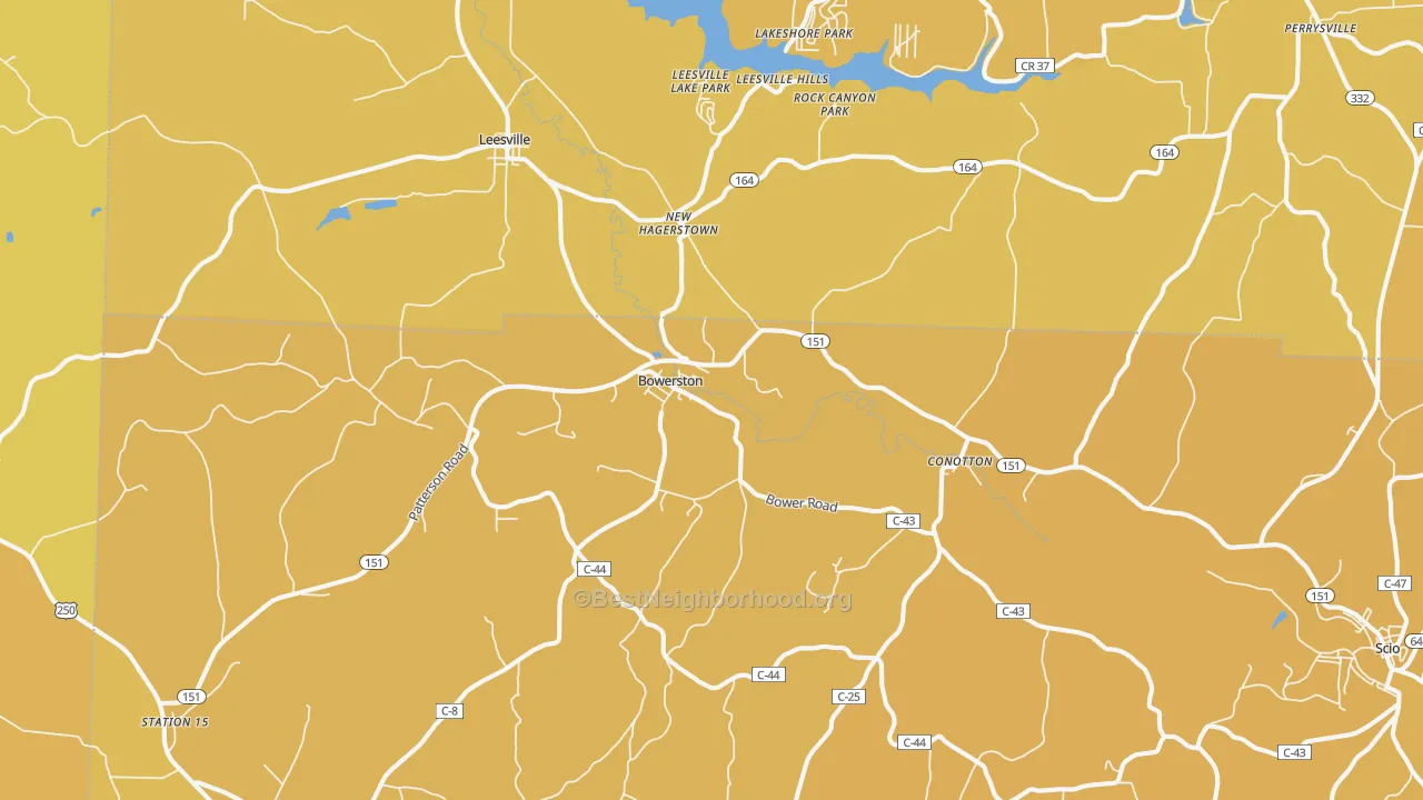 Map of the best neighborhoods in the Bowerston area, with better matches in green and worse matches in red