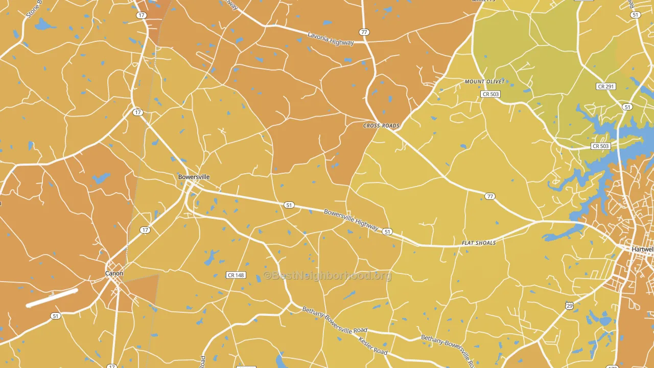 Map of the best neighborhoods in the Bowersville area, with better matches in green and worse matches in red