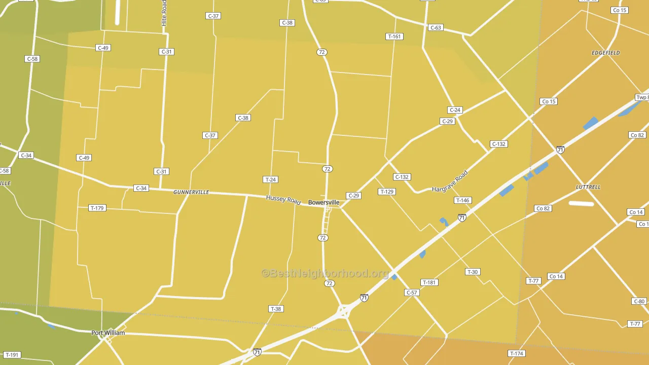 Map of the best neighborhoods in the Bowersville area, with better matches in green and worse matches in red