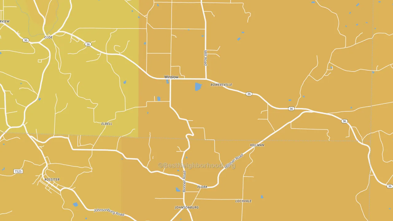 Map of the best neighborhoods in the Bowersville area, with better matches in green and worse matches in red