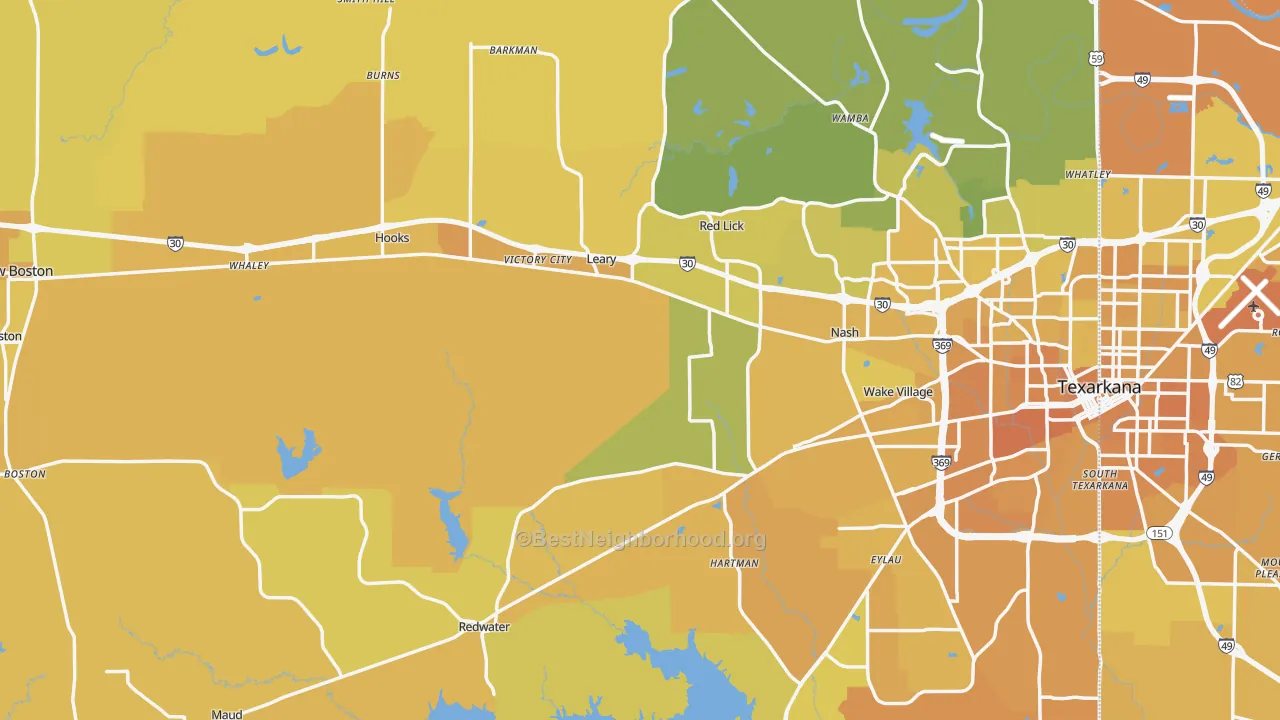 Map of the best neighborhoods in the Bowie County area, with better matches in green and worse matches in red