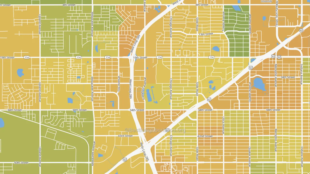 Map of the best neighborhoods in the Bowie, Lubbock area, with better matches in green and worse matches in red