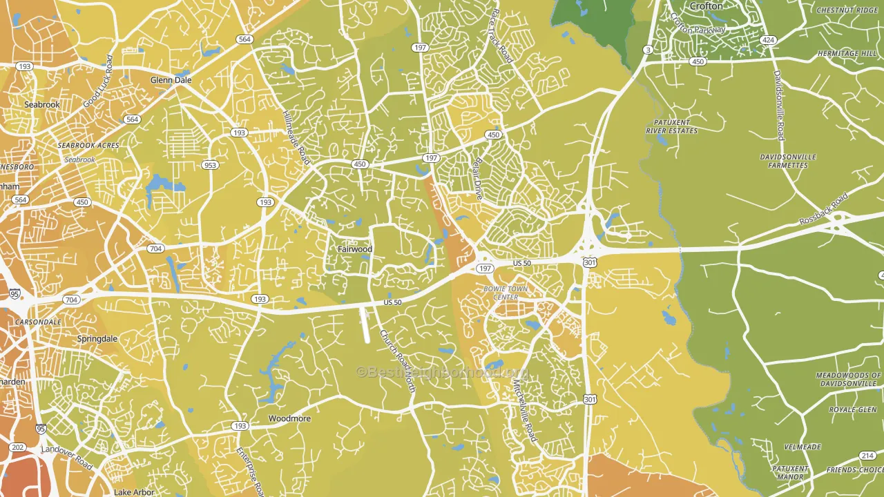 Map of the best neighborhoods in the Bowie area, with better matches in green and worse matches in red