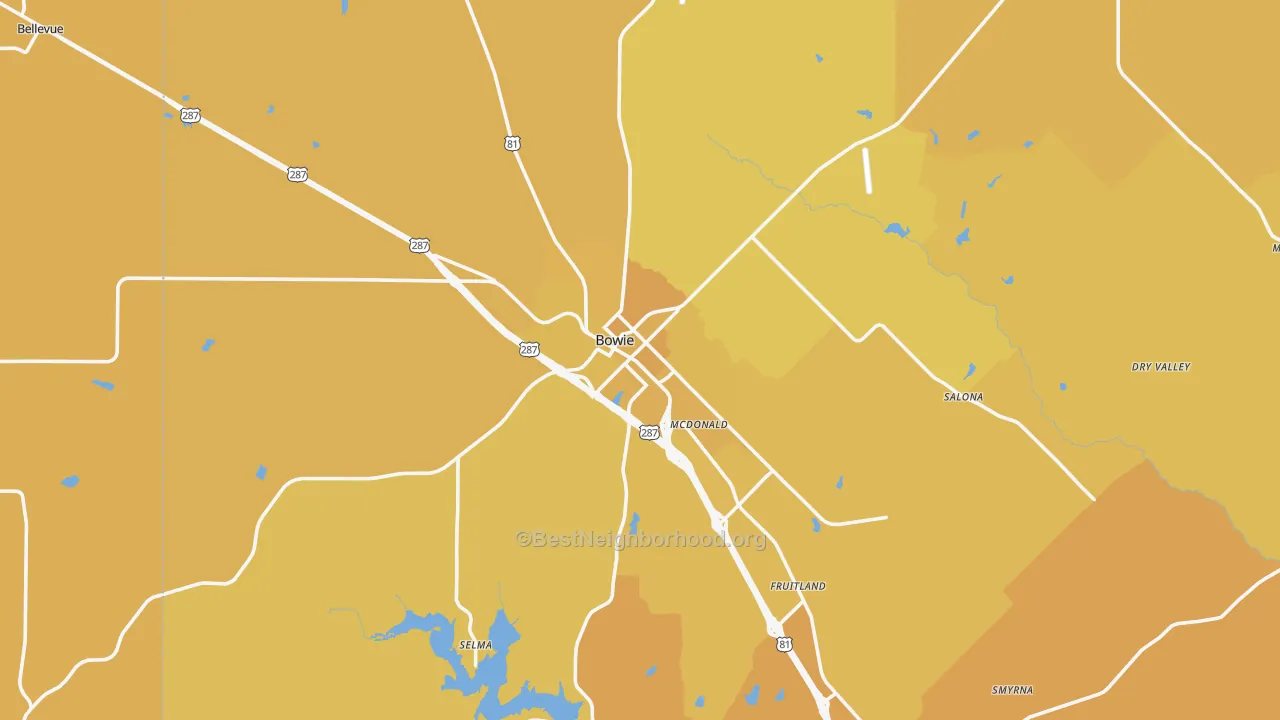 Map of the best neighborhoods in the Bowie area, with better matches in green and worse matches in red