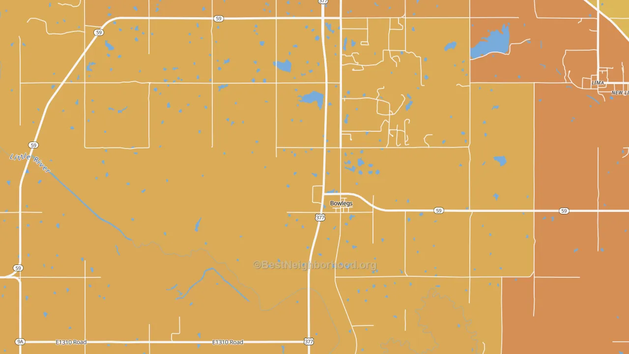 Map of the best neighborhoods in the Bowlegs area, with better matches in green and worse matches in red