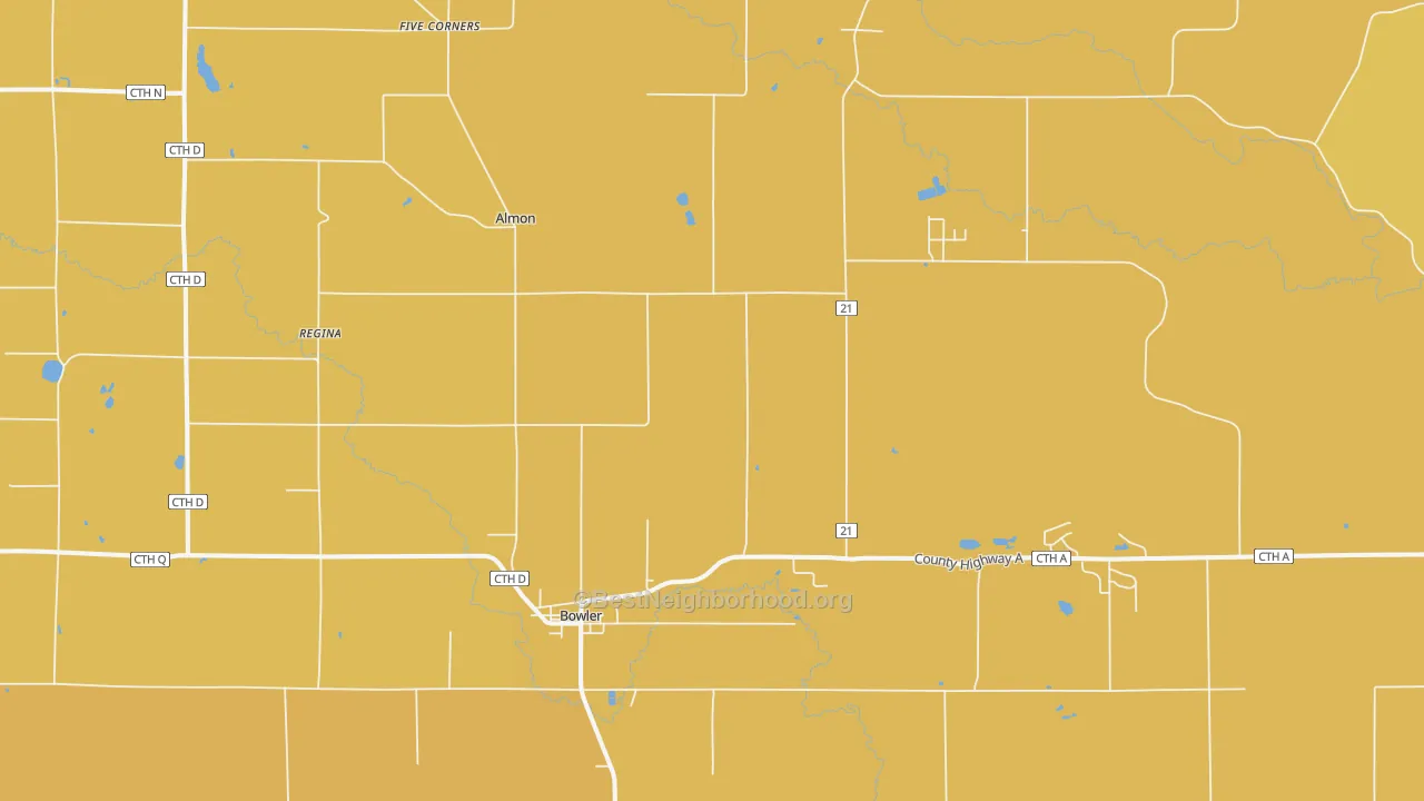 Map of the best neighborhoods in the Bowler area, with better matches in green and worse matches in red