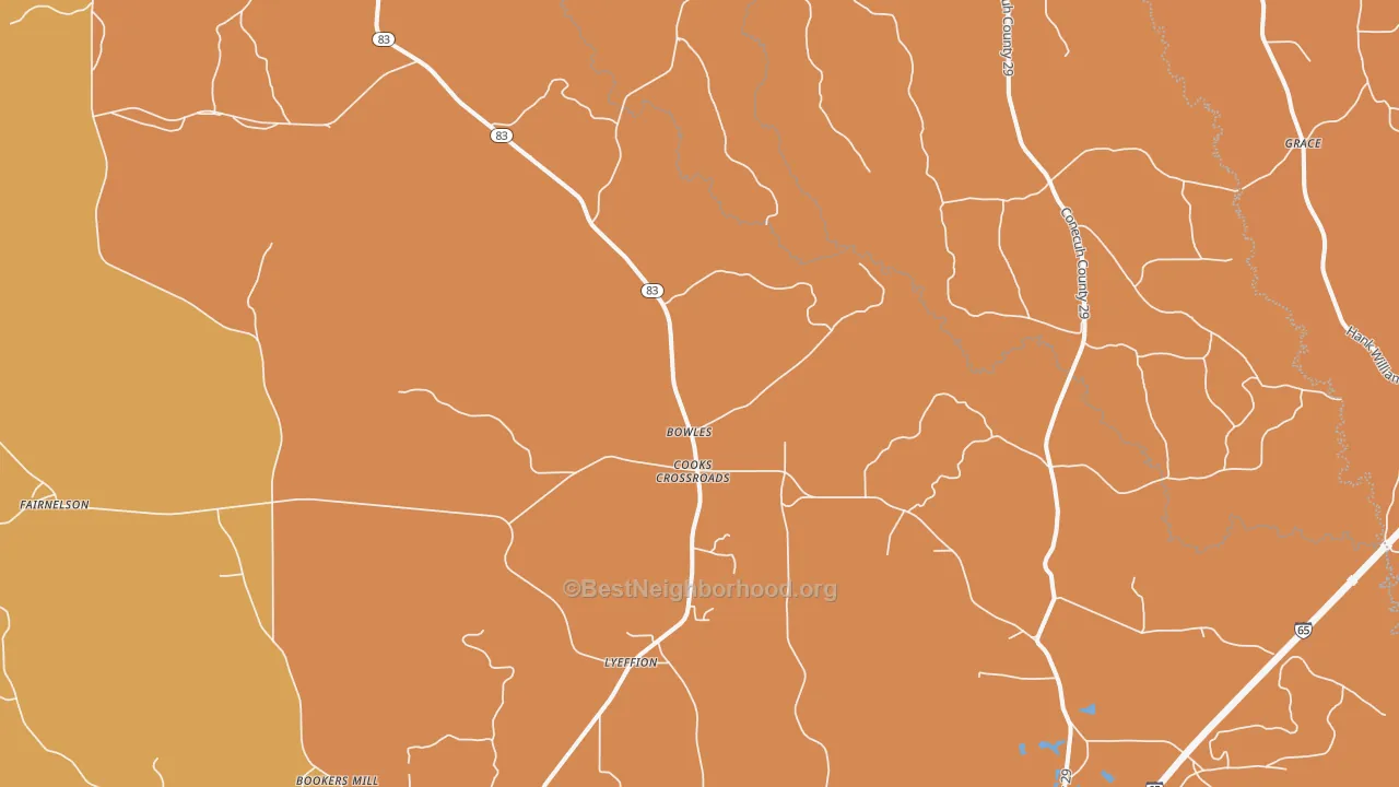 Map of the best neighborhoods in the Bowles area, with better matches in green and worse matches in red