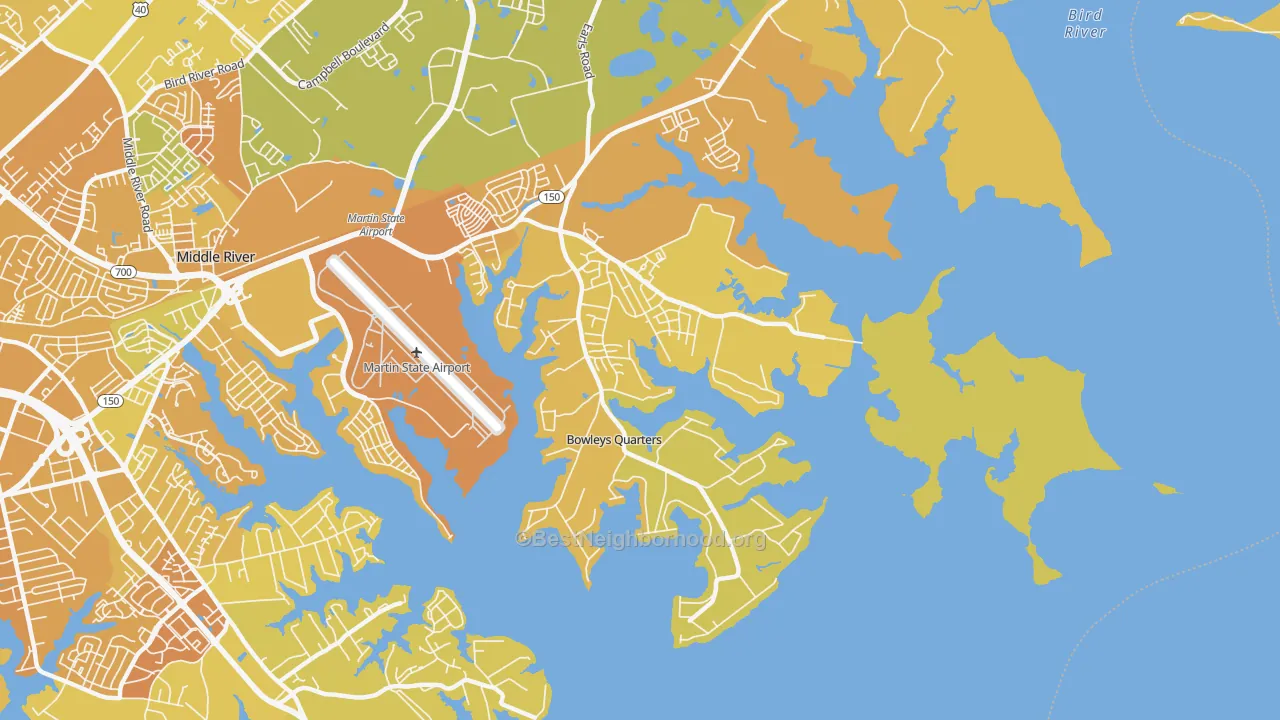 Map of the best neighborhoods in the Bowleys Quarters area, with better matches in green and worse matches in red
