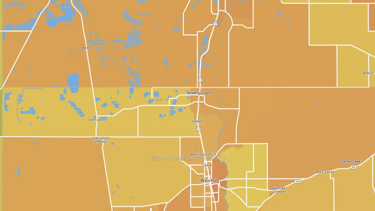 Map of the best neighborhoods in the Bowling Green area, with better matches in green and worse matches in red