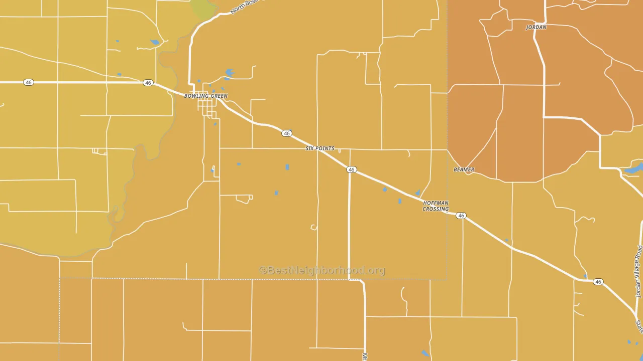 Map of the best neighborhoods in the Bowling Green area, with better matches in green and worse matches in red