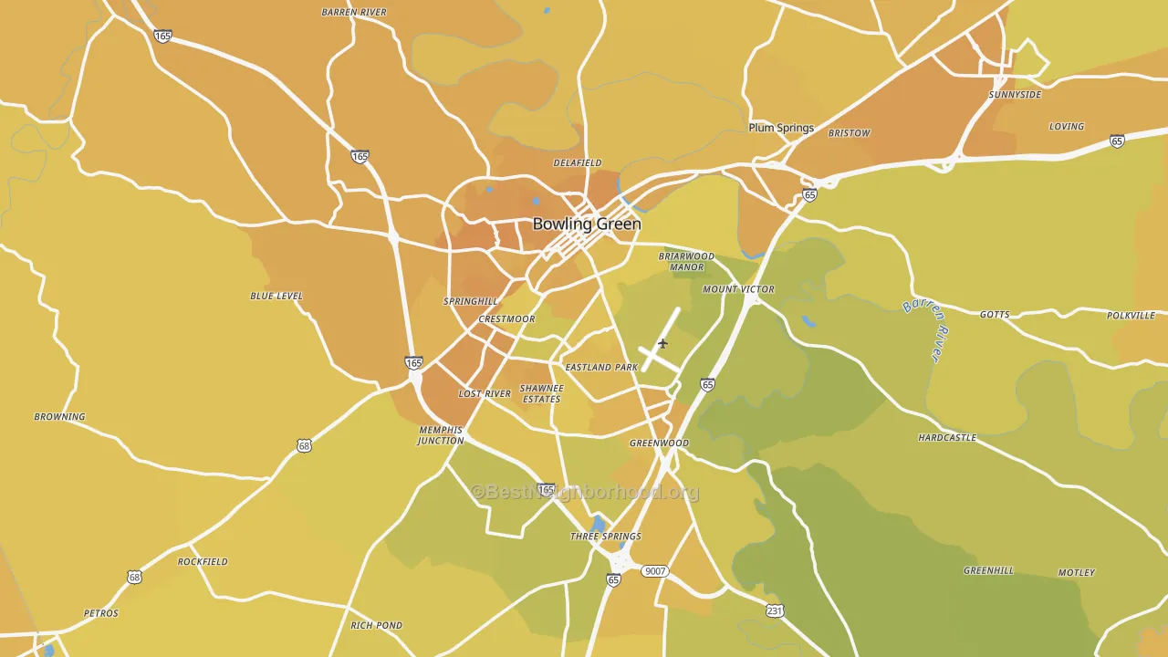 Map of the best neighborhoods in the Bowling Green Metro area, with better matches in green and worse matches in red