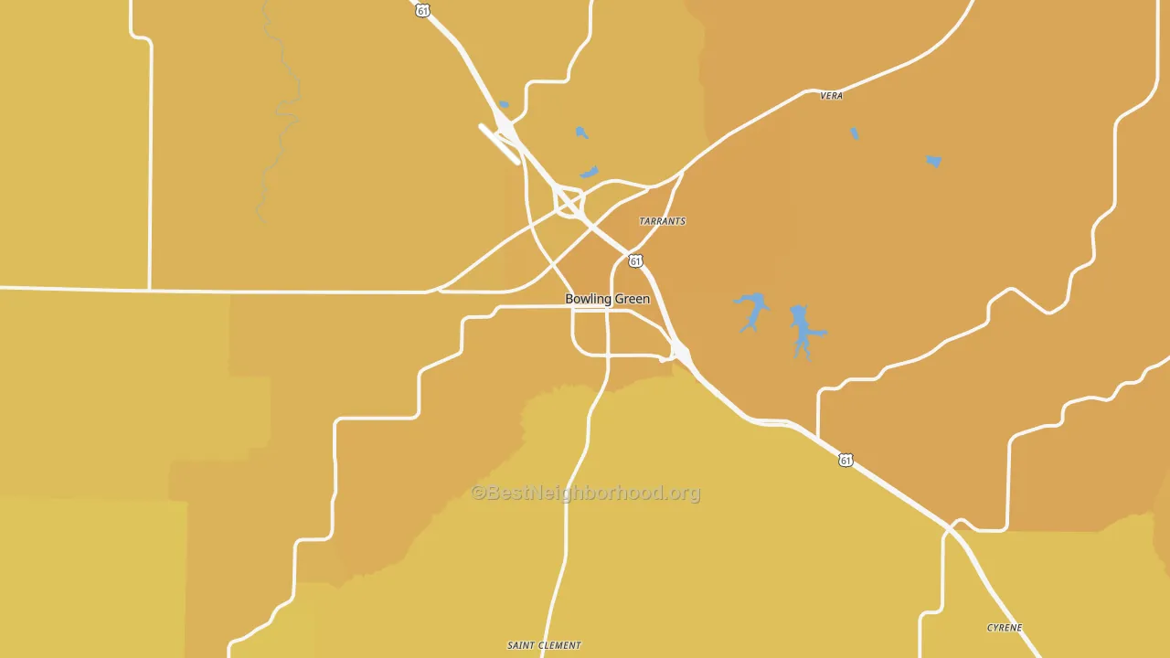 Map of the best neighborhoods in the Bowling Green area, with better matches in green and worse matches in red