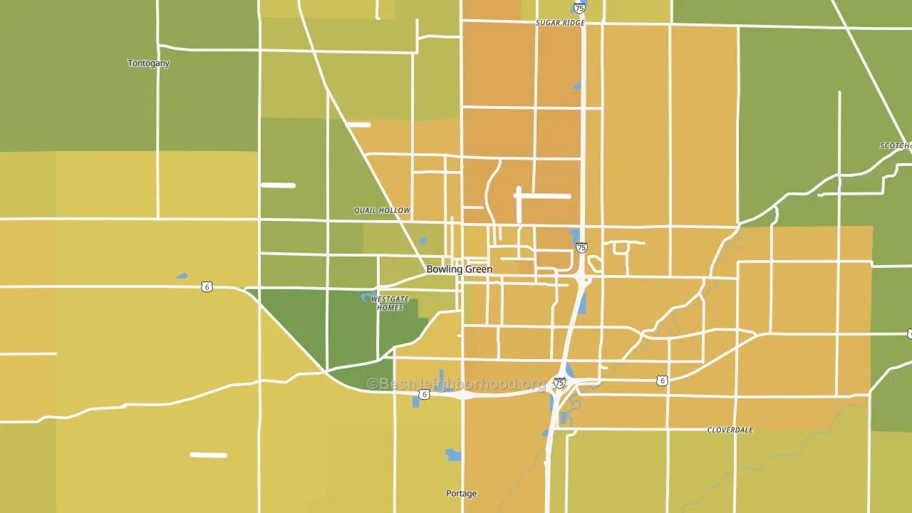 Map of the best neighborhoods in the Bowling Green area, with better matches in green and worse matches in red