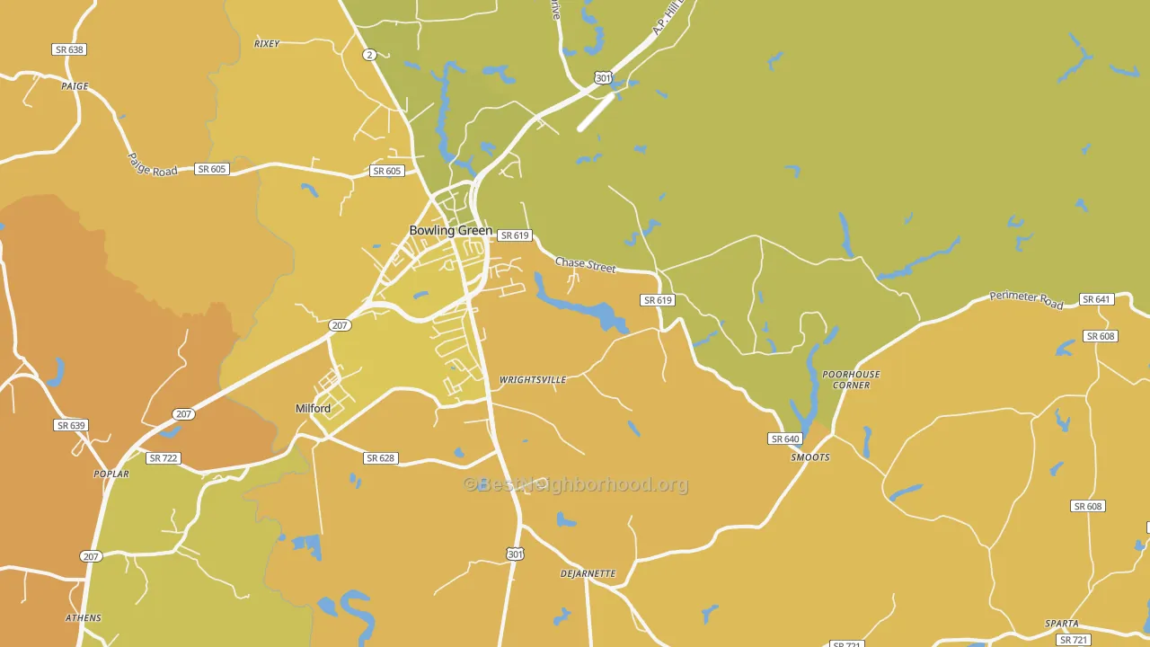 Map of the best neighborhoods in the Bowling Green area, with better matches in green and worse matches in red
