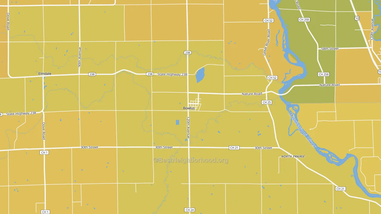 Map of the best neighborhoods in the Bowlus area, with better matches in green and worse matches in red