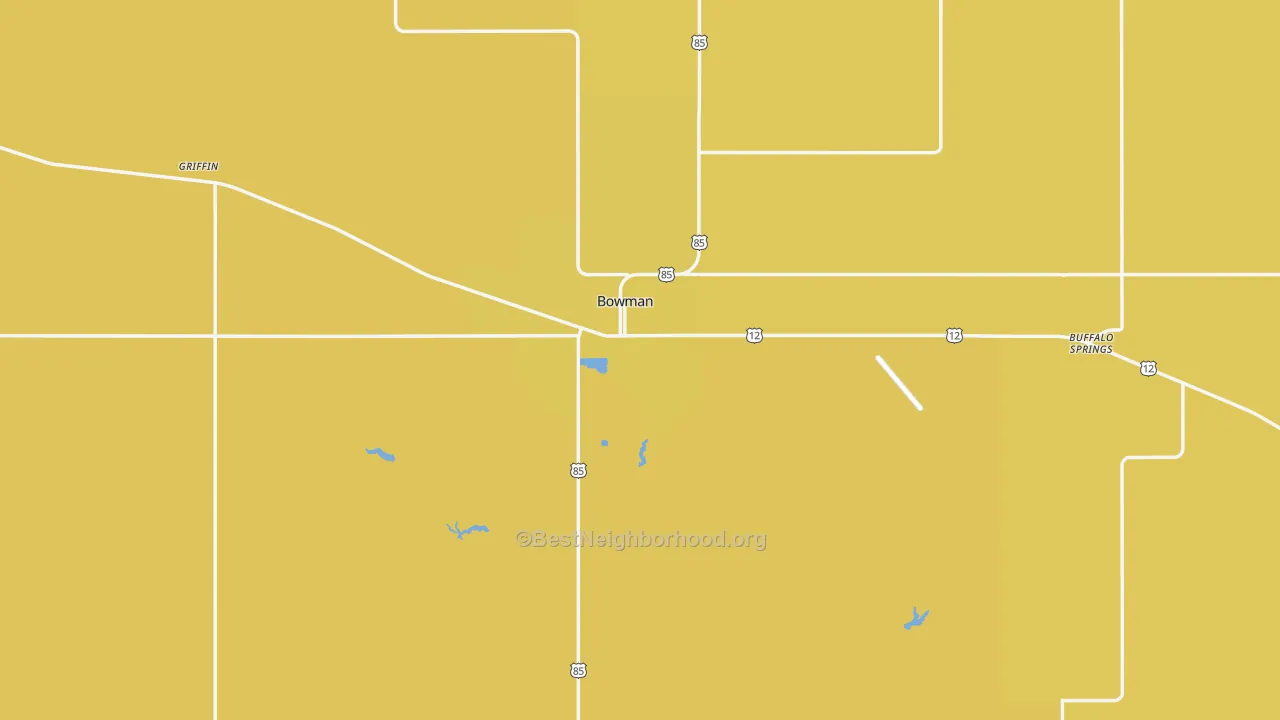 Map of the best neighborhoods in the Bowman County area, with better matches in green and worse matches in red