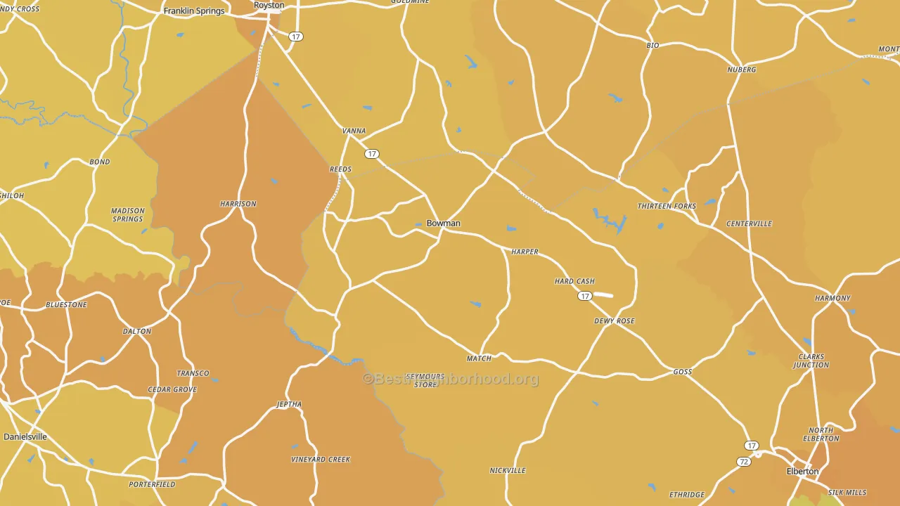 Map of the best neighborhoods in the Bowman area, with better matches in green and worse matches in red