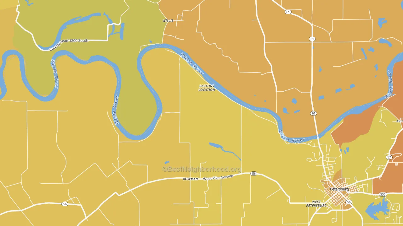 Map of the best neighborhoods in the Bowman area, with better matches in green and worse matches in red