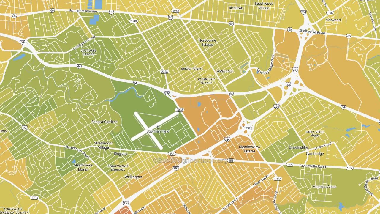 Map of the best neighborhoods in the Bowman, Louisville area, with better matches in green and worse matches in red