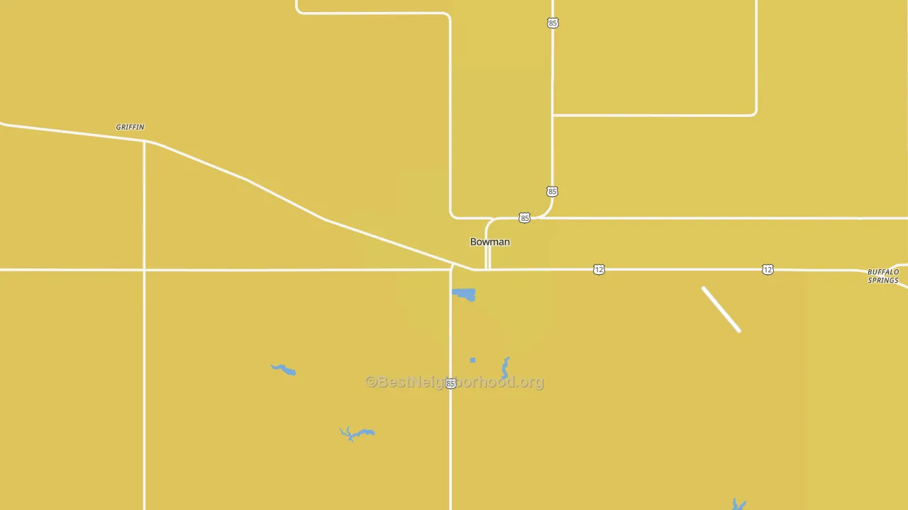 Map of the best neighborhoods in the Bowman area, with better matches in green and worse matches in red