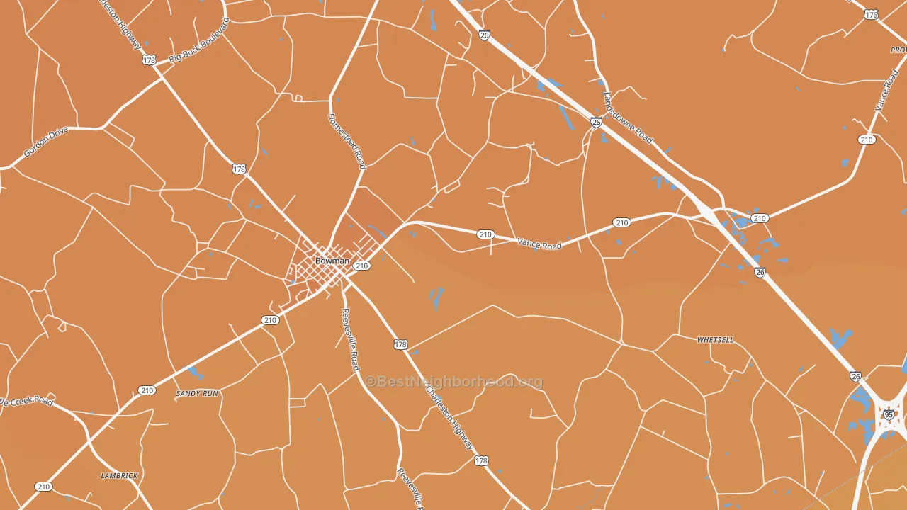 Map of the best neighborhoods in the Bowman area, with better matches in green and worse matches in red