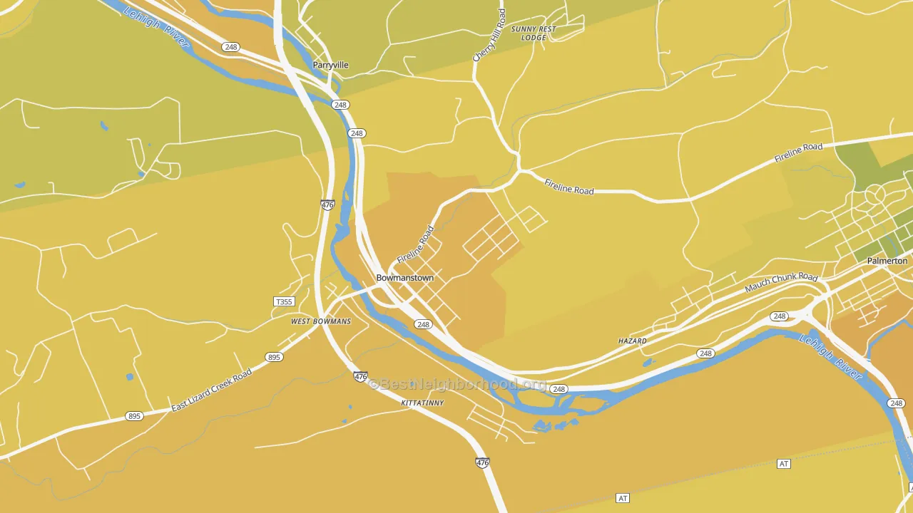 Map of the best neighborhoods in the Bowmanstown area, with better matches in green and worse matches in red