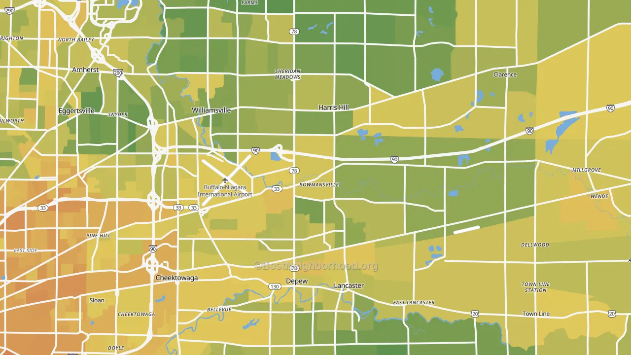 Map of the best neighborhoods in the Bowmansville area, with better matches in green and worse matches in red