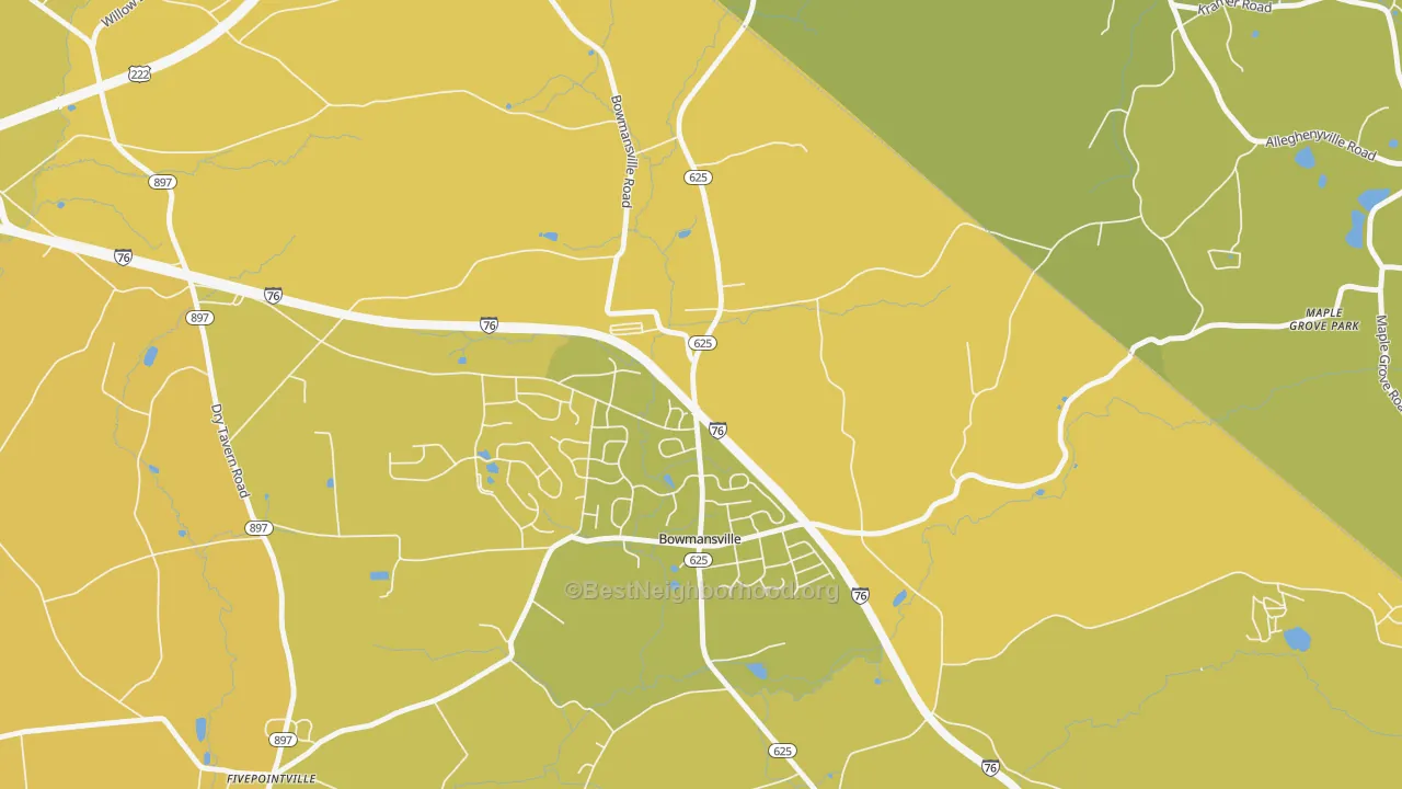 Map of the best neighborhoods in the Bowmansville area, with better matches in green and worse matches in red