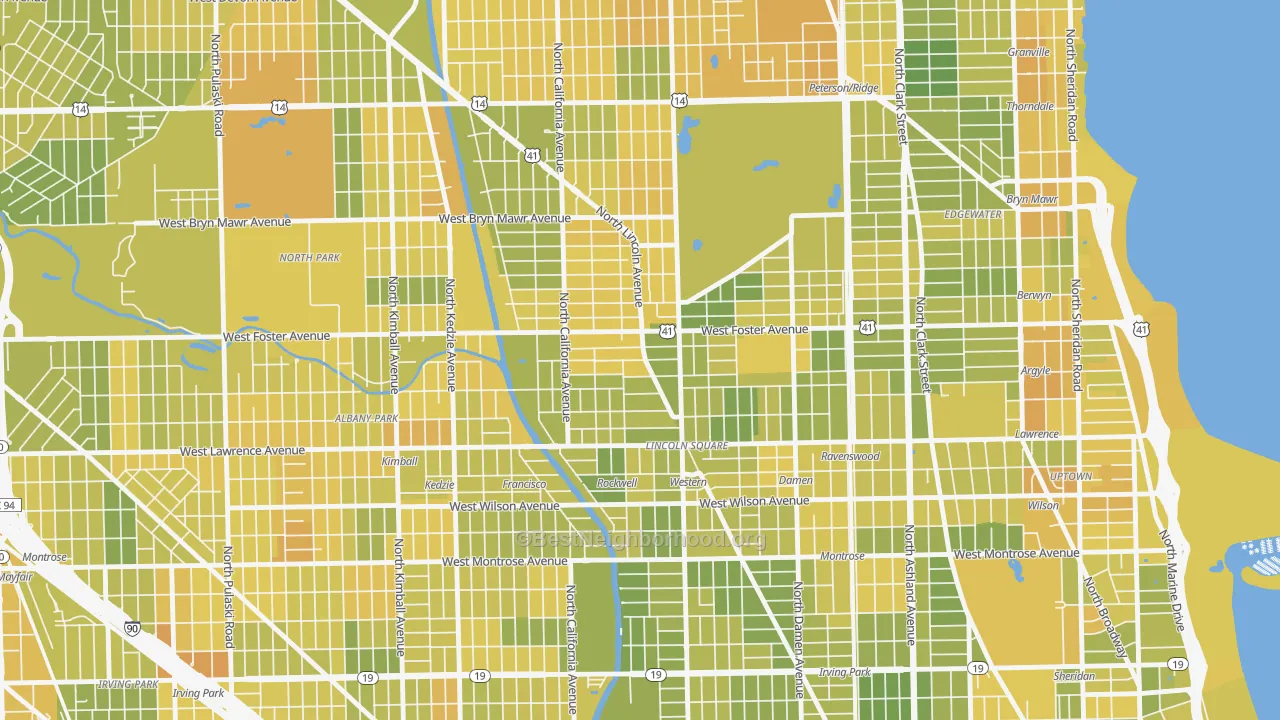 Map of the best neighborhoods in the Bowmanville, Chicago area, with better matches in green and worse matches in red