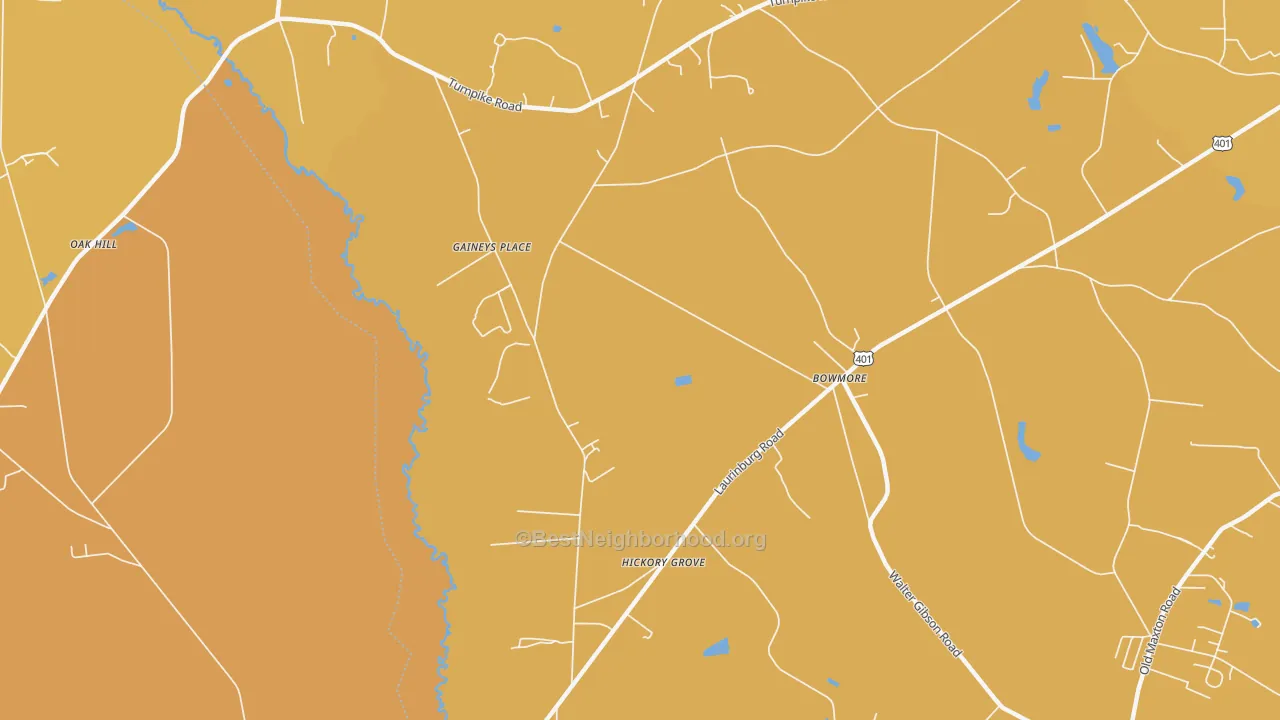 Map of the best neighborhoods in the Bowmore area, with better matches in green and worse matches in red