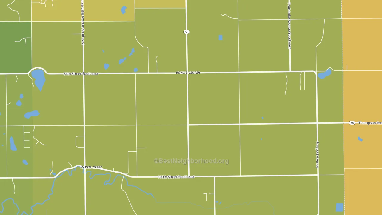 Map of the best neighborhoods in the Bowne Center area, with better matches in green and worse matches in red